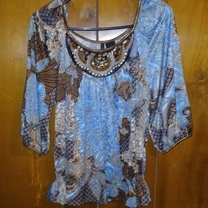 Elegant Blue and Brown Women's Top